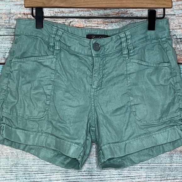Anthropologie Level 99 Shorts 27 Teal Green Blue Linen Feel Cuffed Look Pockets - Picture 1 of 7